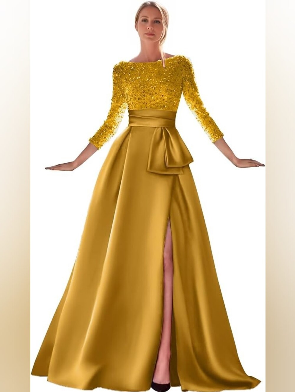 Sequin Bodice Gold Evening Gown